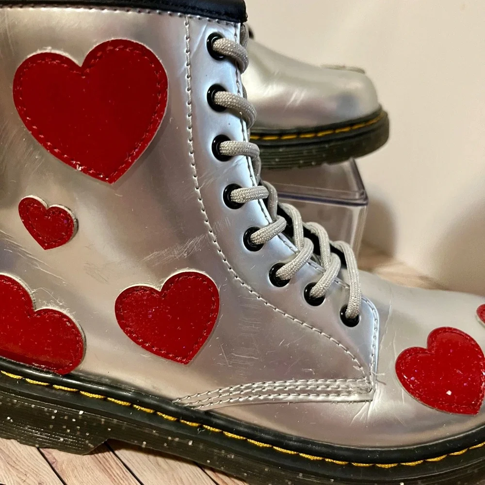 Dr Martens 1460 J Glitter Star Patent Lace Up Zip Boots Kids 3 Silver Red Hearts